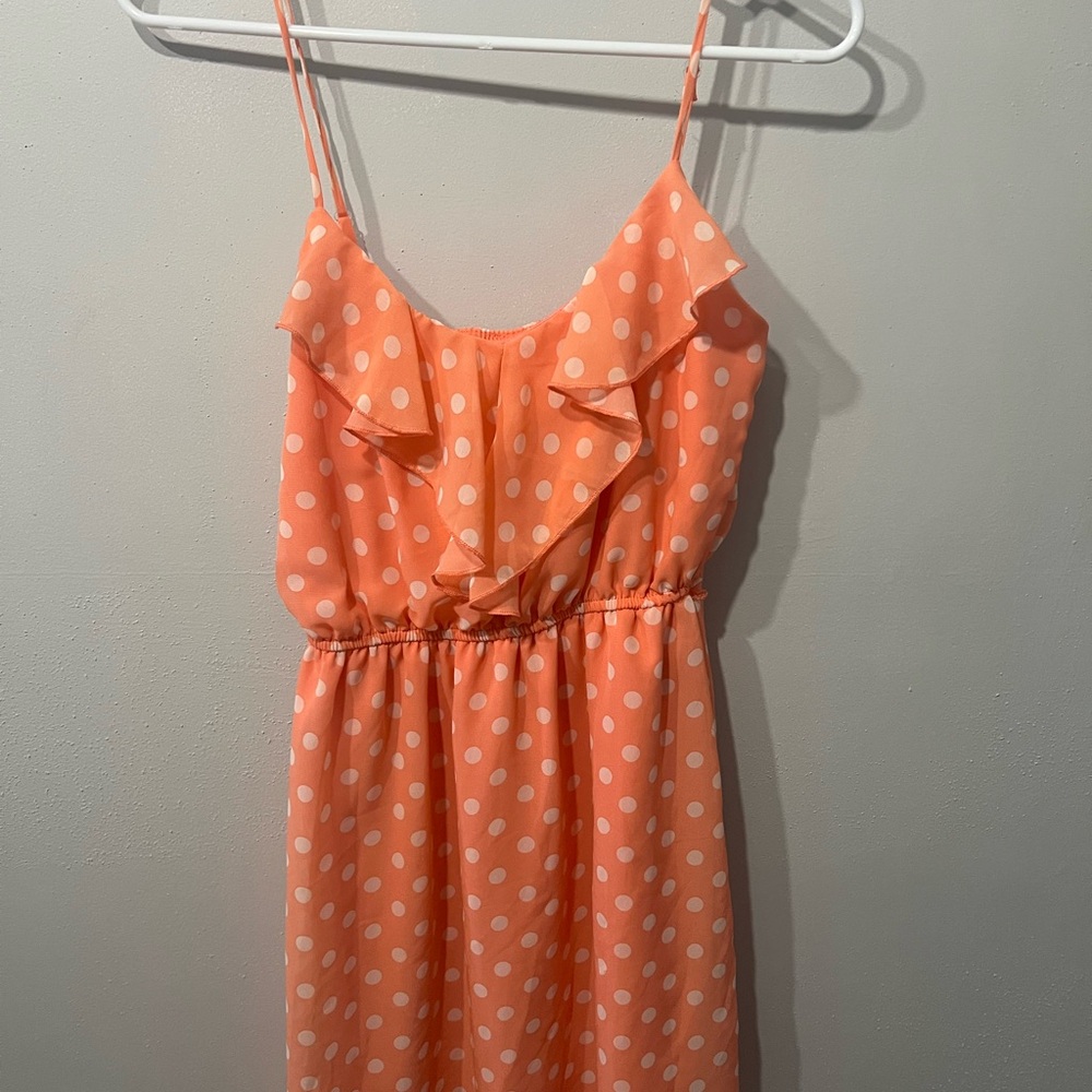 No Boundaries Sundress Peach Poka Dot Ruffle Neckline coral orange sz S
